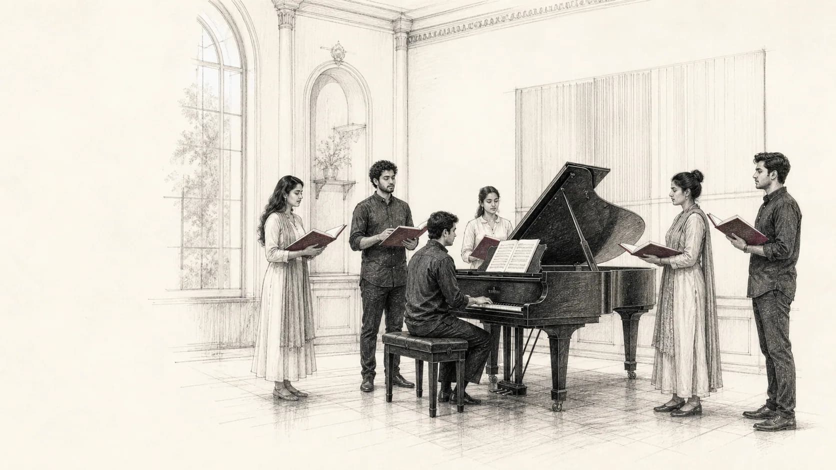 Young musicians rehearsing around a grand piano