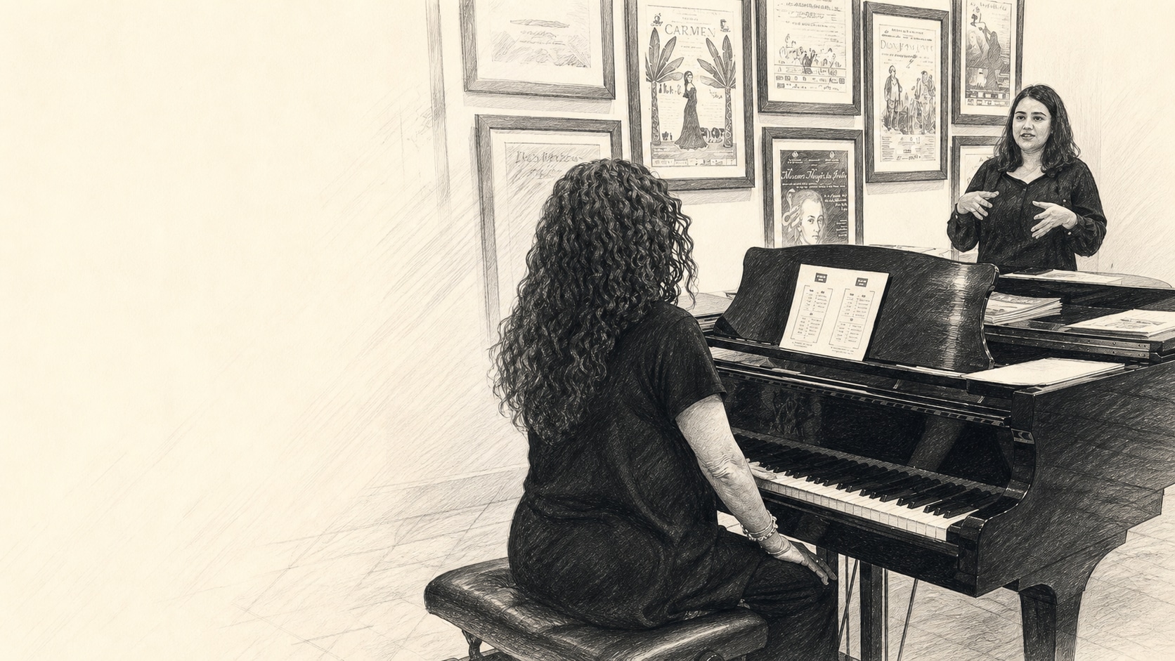 Graphite sketch of a piano master class at The Neemrana Music Foundation