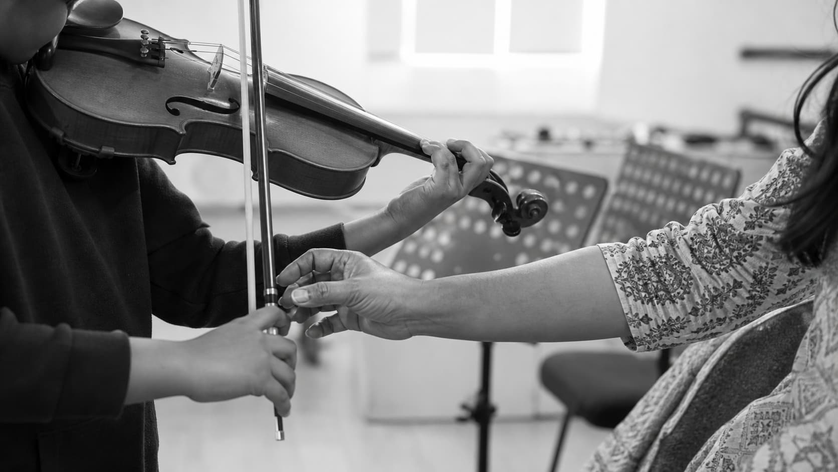 Close view of violin instruction